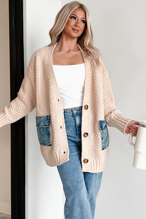 Open Front Textured Knit Denim Patch Pocket Cardigan